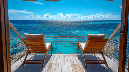 Cozy wooden chairs rest on a breezy balcony, offering a tranquil spot to enjoy ocean vistas under a clear blue sky.の写真素材