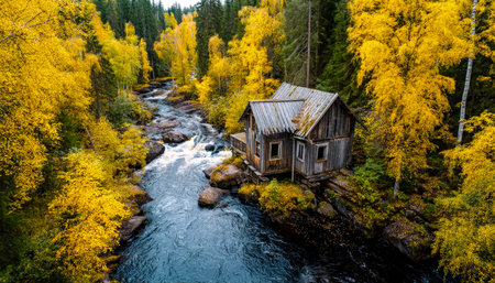 A cozy, aged wood cottage surrounded by vibrant fall foliage, with a gentle stream weaving through the woodland scene, evoking tranquility and wildernの写真素材