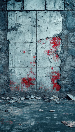 A rugged, aged wall featuring faded paint layers, visible fissures, and an overall worn texture, evoking a sense of history and urban decay.の写真素材