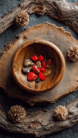 Vibrant, smooth gemstones nestled in a warm wooden vessel, framed by weathered wooden accents creating a cozy, earthy ambiance perfect for decor or reの写真素材
