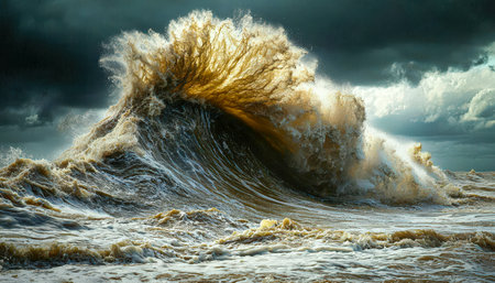 Towering turbulent waves surge fiercely beneath ominous, swirling storm clouds, evoking a sense of raw power and brewing nature's fury.の写真素材