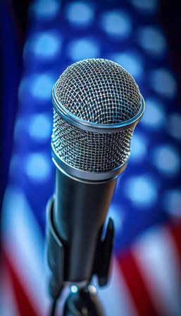 An up-close view of a high-quality microphone against a softly blurred backdrop of the American flag, evoking themes of patriotism, broadcasting, andの写真素材