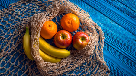 Colorful fruits nestled in a cotton mesh bag, resting on a rustic blue-painted wooden surface, exuding freshness and vibrant natural appeal.の写真素材