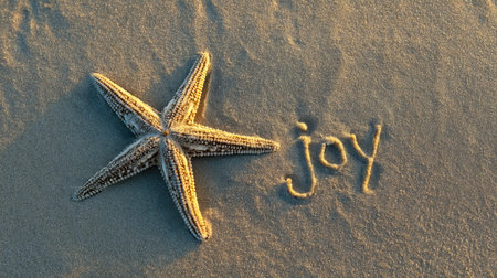 A vibrant sunset bathes a sandy shore, where a bright orange starfish rests beside the word "joy" etched into the fine grains, evoking warmth and sereの写真素材