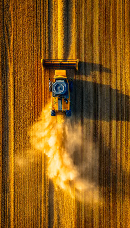 An overhead shot highlights a bright yellow combine amid a sprawling sea of ripe grain, capturing the essence of harvest season in warm tones.の写真素材