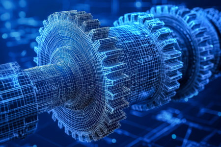 A detailed digital schematic showcasing interconnected futuristic gears in a sleek, high-tech...