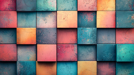 Brightly decorated cube structures form a vibrant, symmetrical mosaic, perfect for conveying creativity, modern design, or playful organization.の写真素材