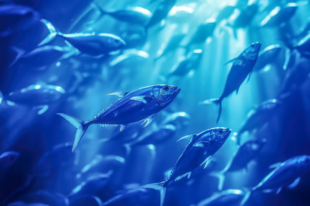 Vibrant aquatic life swirling beneath the surface, sunlight streaming through clear waters, creating a mesmerizing dance of shadows and shimmering colの写真素材