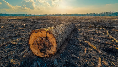 A solitary, cut timber lies across barren land with a golden sunset casting warm hues over a landscape scarred by logging.の写真素材