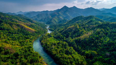 An aerial perspective showcases a meandering watercourse weaving through vibrant verdant peaks, capturing the tranquility of untouched natural sceneryの写真素材