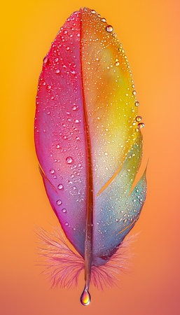 A detailed shot of an iridescent feather adorned with shimmering water droplets, set against a striking orange backdrop that highlights its vivid huesの写真素材