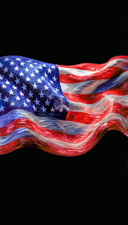 A dynamic, glowing American flag with bright, vivid hues and flowing waves, set against a stark...