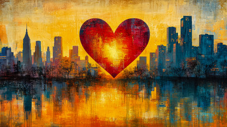 A city skyline in dark silhouette contrasts with a vibrant sunset, featuring a prominent red heart overlay reflected on calm water for romantic or urbの写真素材