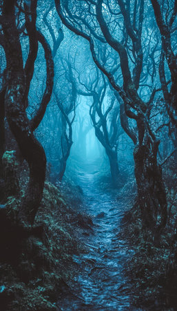 An enchanted woodland shrouded in mist, with gnarled branches and a faint blue glow, creating an...