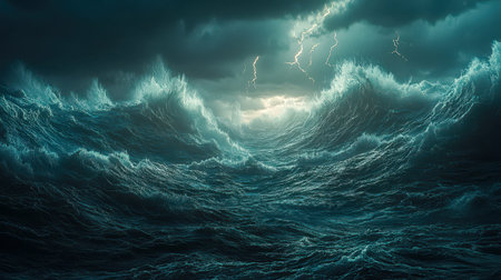 Jagged surf crashes beneath a stormy, ink-dark canopy with flickering lightning illuminating the...