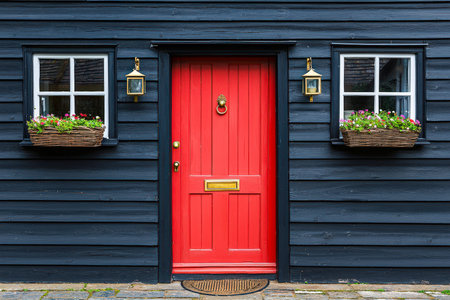 A charming house features a vibrant red entryway, weathered navy-blue siding, and quaint flower-filled window boxes adding cheerful curb appeal.の写真素材