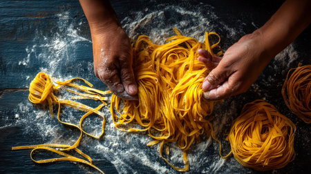 Close-up of skilled hands shaping dough on a lightly floured countertop, capturing the artisanal...