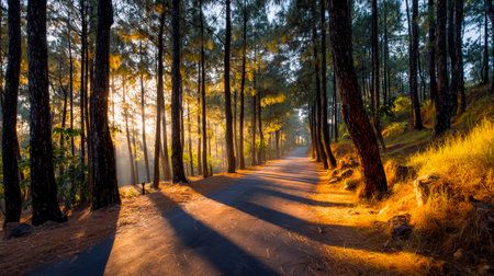 A quiet woodland trail bathed in gentle morning light, casting elongated shadows amid vibrant...