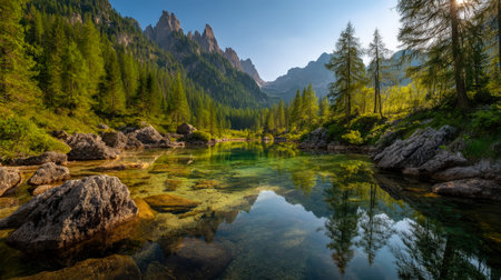 Serene mountain stream meanders through verdant trees and rugged rocks beneath a bright, cloudless sky, evoking peace and untouched nature.の写真素材