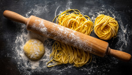 Hands roll out dough dusted with flour on a dark surface, crafting authentic homemade pasta in a cozy, rustic kitchen setting.の写真素材