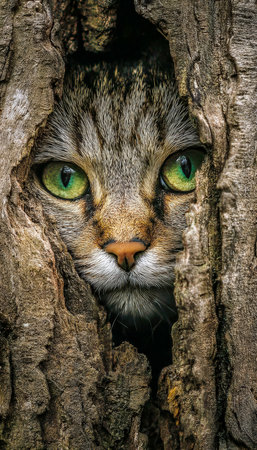 A curious tabby cat's expressive face peers through a narrow tree opening, capturing a moment of woodland mystery and feline allure.の写真素材