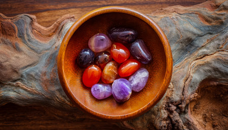 A vibrant assortment of smooth, glossy gemstones nestled in a rustic wooden bowl, set against a...