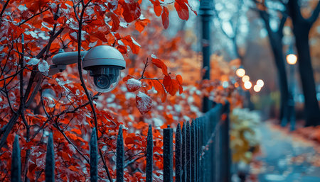 A close-up of a surveillance device nestled among colorful fall leaves, overlooking a park?s serene...