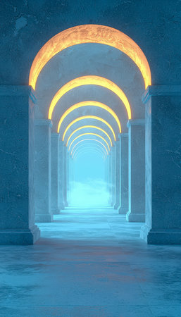 A dreamlike corridor featuring soaring ceiling arches, radiant blue illumination, and an otherworldly atmosphere perfect for fantasy or sci-fi settingの写真素材