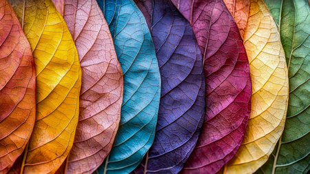 Vibrant fall foliage showcases a spectrum of red, orange, yellow, and brown leaves artfully aligned, evoking warmth and seasonal charm.の写真素材