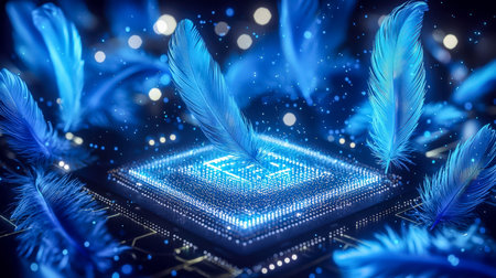 A sleek microchip emits neon blue light amid drifting feathers, blending advanced tech with...