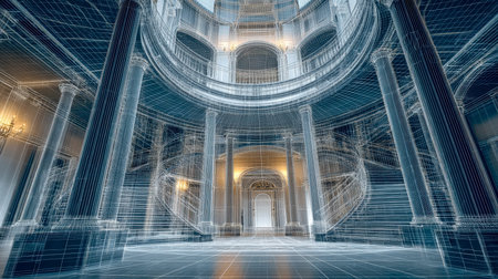 A sleek digital wireframe visualization showcasing a majestic staircase with intricate detailing,...
