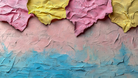 Soft pastel hues swirl in a textured backdrop, accented by layered paper-thin shapes creating depth...