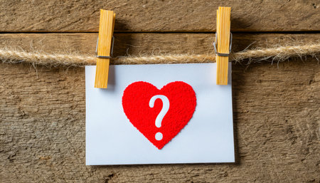 A wood textured backdrop featuring a glowing red heart with an embedded question mark, evoking themes of affection, curiosity, and intrigue.の写真素材
