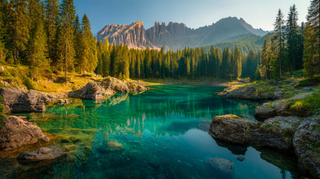 Tranquil alpine waters reflect a bright blue sky, framed by dense pines and rugged stones, creating a peaceful wilderness scene perfect for nature-theの写真素材