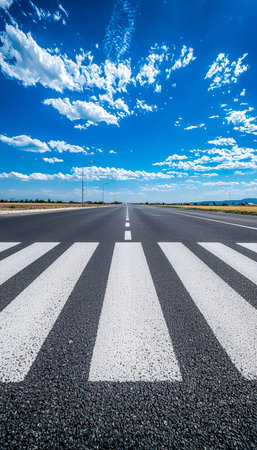 A clear, quiet street stretches into the distance beneath a vibrant sky dotted with fluffy clouds,...