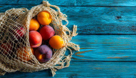 Vibrant peaches and nectarines spill from a woven bag onto a weathered blue wood background, evoking freshness and rustic charm for culinary or marketの写真素材