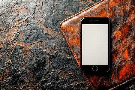 A sleek smartphone paired with a classic leather wallet, resting on a rough dark background, evoking...