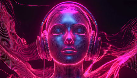 A sleek holographic figure with glowing pink and blue accents, donning headphones amid a vibrant neon-lit cyberpunk cityscape, evoking a high-tech, dyの写真素材