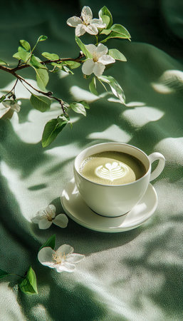 A soothing green tea latte topped with delicate floral accents, bathed in warm sunlight, resting on...