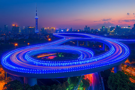 A bird's-eye perspective captures a glowing, twisting highway weaving through urban lights as dusk...