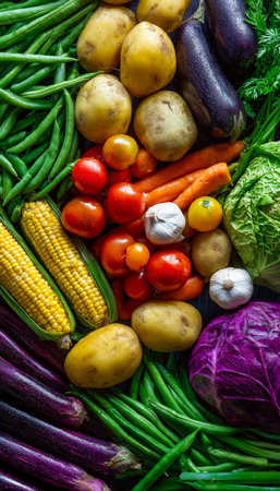A vibrant collection of colorful produce showcasing earthy potatoes, glossy eggplants, ripe cherry tomatoes, crunchy carrots, sweet corn, fragrant garの写真素材