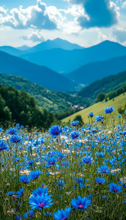 An enchanting scene of vivid blue daisies thriving amidst verdant mountain meadows under a clear, sunlit sky, evoking freshness and natural beauty.の写真素材