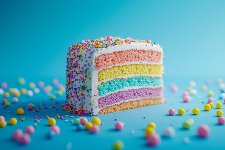 A vibrant, multi-tiered confection adorned with vivid rainbow sprinkles, set against a lively azure...