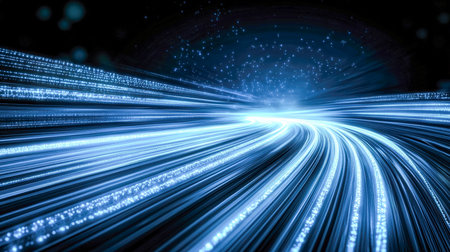 Vibrant, glowing lines converge and diverge in a swirling pattern, forming an energetic tunnel that evokes advanced technology and motion.の写真素材