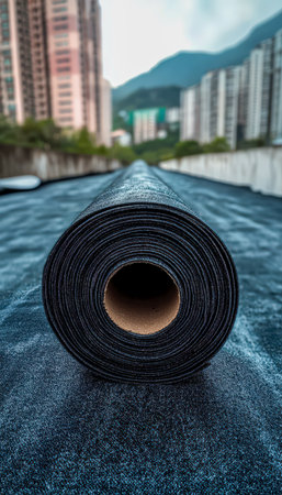 A textured rubber mat curves gently on a city rooftop, framed by distant skyscrapers and mountain silhouettes under a clear sky.の写真素材