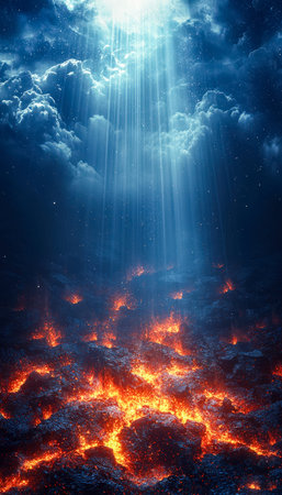 A powerful volcanic event with flowing lava, radiant fissures, and sunlit clouds casting a dramatic...