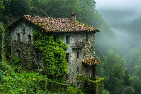 An ancient stone dwelling, draped in vibrant ivy, stands amidst a foggy hillside, evoking serene...