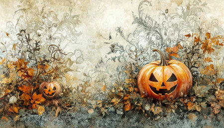 A glowing jack-o'-lantern with sinister eyes and a jagged grin rests amid vibrant fall leaves and eerie dark foliage, creating a haunting seasonal sceneの写真素材