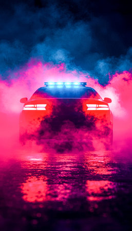 A sleek, neon-lit patrol vehicle emits vibrant flashing signals amid swirling, multicolored smoke...