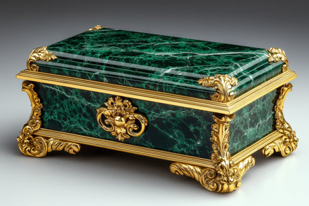 An opulent storage piece featuring deep green marble with intricate gold embellishments, perfect for elegant organizing or sophisticated decor.の写真素材